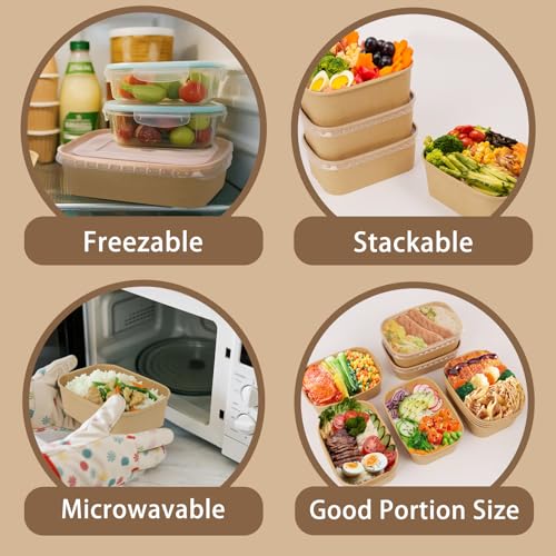 DeziWood 50 Pack 25 oz Paper Food Containers with Lids, Meal Prep Containers Disposable Large Paper Bowls, Microwavable and Freezer Storage Use Cardboard Food Containers
