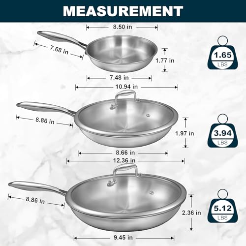 EWFEN Tri-Ply Stainless Steel Frying Pans Set with Lid, 8”/10”/12” Cooking pans, PFOA&PTFE Free Skillet, Induction Cooking Pan, Dishwasher and Oven Safe, Fast & Even Heat, Suitable for All Stove
