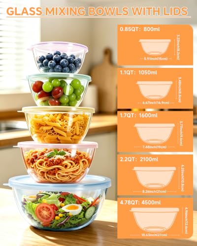 5 Pack Glass Mixing Bowls with Lids Set(4.78QT,2.2QT,1.7QT,1.1QT,0.85QT) | Color Thick Glass Large Salad Bowls,Nesting Bowls for Kitchen Baking,Prepping,Cooking,Serving,Dishwasher Microwave Oven Safe