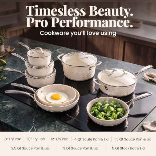 GOTHAM STEEL HAMMERED 13 Pc Titanium Ceramic Cookware Set Nonsitck, Cream