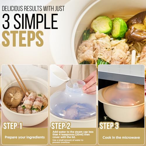 FIRGI 48oz Platinum Silicone 3 Compartmented Microwave Steamer Pot with Handle & Lid - Korean 100% Food-Grade Steamer Bowl, Heat-Resistant Cooker with Steam Holes, Easy Clean, Dishwasher Safe, Ivory