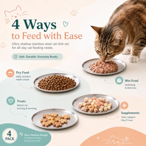 Belpeby 4 Pack Stainless Steel Shallow Cat Bowls，Whisker Safe Cat Plates | 4PCS 6.7 inch Metal Flat Shallow Wide Whisker Friendly Cat Food Water Feeding Bowl Dishes,Non Slip Dish for Wet Food
