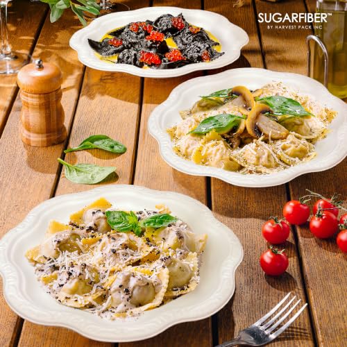 10 inch Elegant Compostable Paper Plates White Floral Acanthus Scalloped | Food Containers,Microwavable,Natural,Sugarcane,Disposable,Bagasse,Eco Friendly,Wedding,Dinner,Scalloped,Sugarfiber,Elegant
