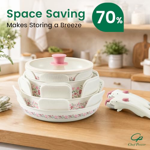 Chef Powe Ceramic Cookware Set Non Toxic, 14Pcs Detachable Pans and Pots