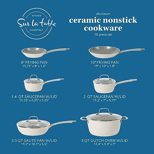 Sur La Table Kitchen Essentials 10 Piece PFA Free Non-Toxic Titanium Ceramic Nonstick Interior Forged Aluminum Cookware Pots and Pans Set - Linen White - Induction Compatible