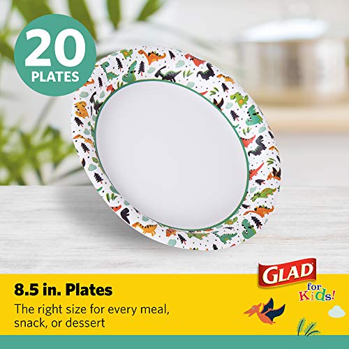 Glad for Kids Disposable Paper Plates, Dinosaurs, 8.5 Inch, 20 Count | Heavy-duty, soak-proof, cut-resistant plates for birthdays, parties, and everyday meals