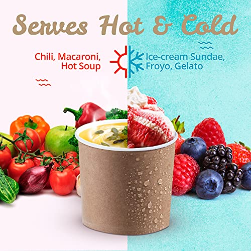 MATICAN Paper Ice Cream Cups - 50-Count 11-Oz Disposable Dessert Bowls for Hot or Cold Food, 11-Ounce Party Supplies Treat Cups for Sundae, Frozen Yogurt, Soup, Brown