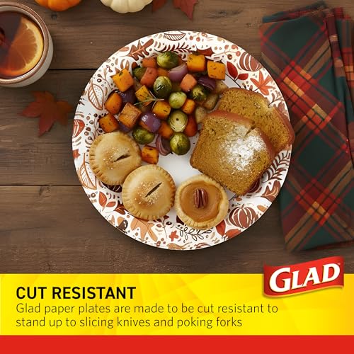 Glad Disposable Paper Plates, Happy Fall Design, 10 Inch, 50 Count | Soak-proof, cut-resistant, microwavable for all foods, for fall parties and everyday meals, colorful