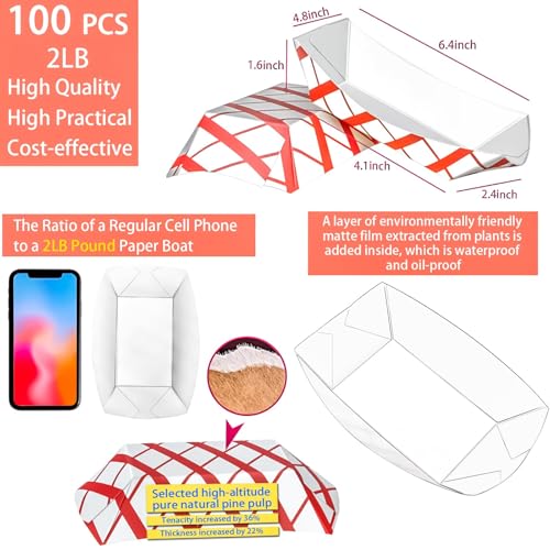 MotBach 100 Pack 2Lb Paper Food Boat Trays Disposable Paper Boat Plate Containers, Kraft Food Serving Tray Boats Baskets Bowls for Snack Popcorn Dessert BBQ Hot Dog Sandwich Burger Taco Fries Nacho