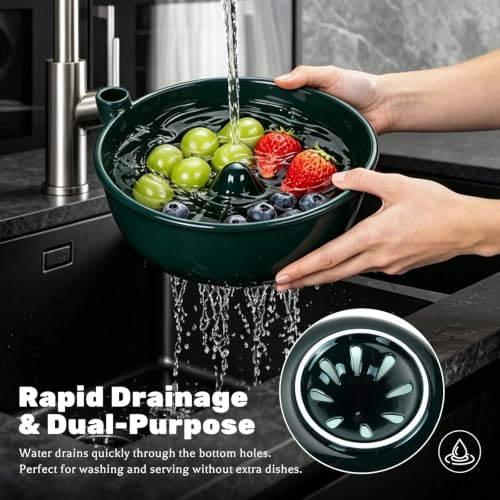Ceramic Berry Washing Bowl with Auto-Spin Swirl Drainage | Self-Rinsing Fruit Bowl, Multi-Functional Berry Colander for Strawberries, Blueberries, and Grapes