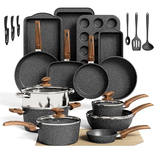 DishDelight 30 Pcs Pots and Pans Set Non Stick, Granite Induction Cookware