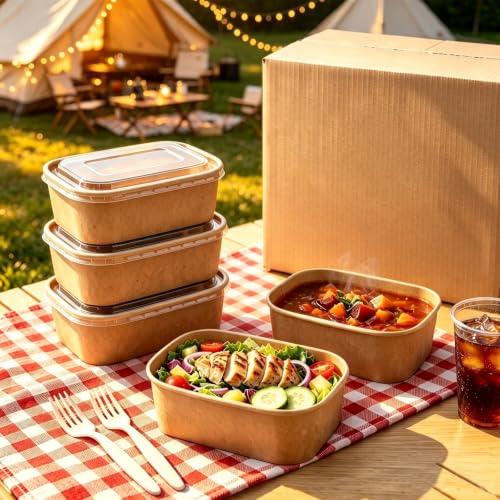 Artuxer 50 Pack 29Oz Disposable Meal Prep Containers With Lids and Forks-Disposable Kraft Paper Bowls-to go food containers-Microwavable and Freezer Safe Take Out Containers