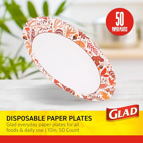 Glad Disposable Paper Plates, Happy Fall Design, 10 Inch, 50 Count | Soak-proof, cut-resistant, microwavable for all foods, for fall parties and everyday meals, colorful