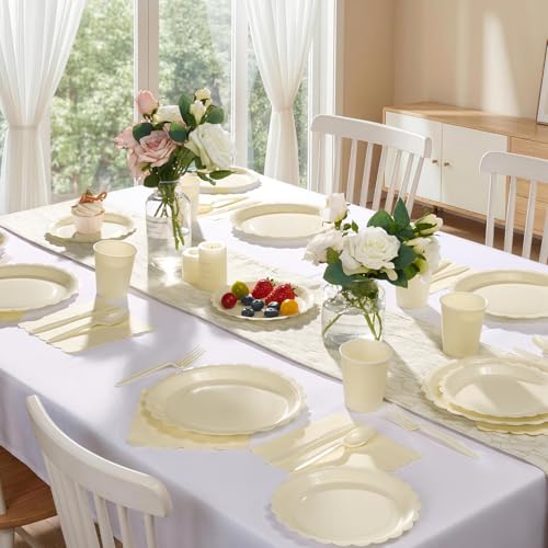 Goodluck 50 PCS Ivory Paper Plates 7 In Scalloped Disposable Dessert Plates | Small Appetizer Cake Plates for Wedding, Baby Shower, Birthday Party