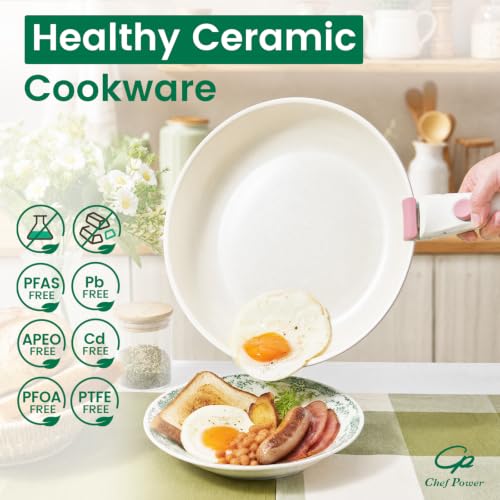 Chef Powe Ceramic Cookware Set Non Toxic, 14Pcs Detachable Pans and Pots