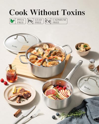 Stainless Steel Cookware Set,Tir-Ply Pots and Pans Set,10 Pcs Stainless Steel Induction Kitchen Cookware Sets,PFOA Free, Frying Pans, Au Gratin Pan,Saute Pan & Stock Pot,Compatible with All Cooktops