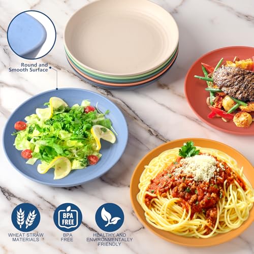 HOTEC 8-Pack 8inch Deep Plastic Plates,Multicolor | BPA Free, Unbreakable, Dishwasher Safe, Wheat Straw Camping Plates