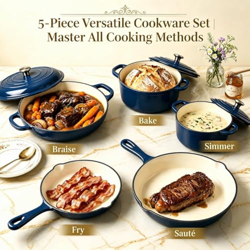 QuliMetal 5-Piece Navy Blue Enameled Cast Iron Cookware Set
