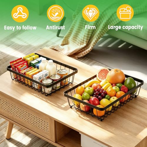 YUANCE 2-Tier Fruit Basket for Kitchen Counter with 2 Banana Hangers | Large Metal Fruit Bowl, Versatile Holder for Veggies, Produce Storage, 12.5"×7.5"×12"-Black