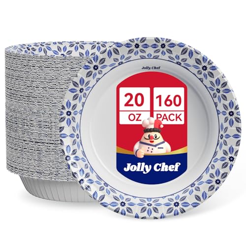 JOLLY CHEF 160 Count Paper Bowls 20 oz | Soak Proof, Heavy Duty Printed Disposable Bowls Bulk for Dinner or Lunch