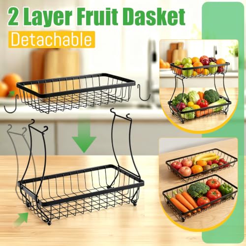 YUANCE 2-Tier Fruit Basket for Kitchen Counter with 2 Banana Hangers | Large Metal Fruit Bowl, Versatile Holder for Veggies, Produce Storage, 12.5"×7.5"×12"-Black