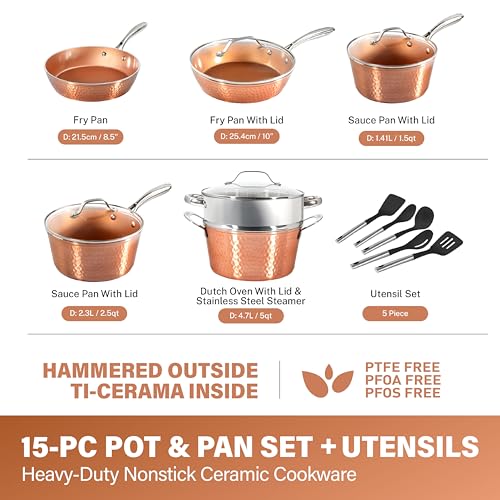 Gotham Steel Hammered 15 Pc Ceramic Cookware Set, Induction Pots and Pans Set Non Stick with Cooking Utensils & Steamer, Non Toxic Ceramic & Titanium Coating PFOA PFOS Free, Oven & Dishwasher Safe