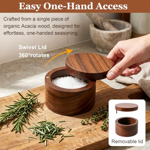 ZOVANO Acacia Wood Salt Cellar Bowl Box Container with Magnetic Lid | No Glue, One piece Wood, Keeping Sea Salt, Peppers Herbs or Seasoning