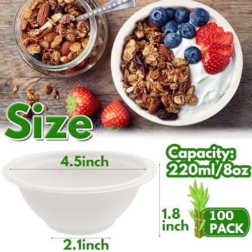 100 Pack 8 oz Disposable Paper Bowls,Heavy-Duty Compostable Bagasse Bowls | Hot or Cold Use,Small Biodegradable Soup Bowls for Salad,Soup,Snack,Dessert,Parties,Catering,Picnics Supplies