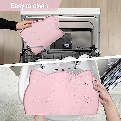 Coomazy Cat Food & Water Mat Thicker Non-Slip Silicone Mat with Raised Edge | Pink water food bowl mat,Feeding Fountain mat for indoor cats