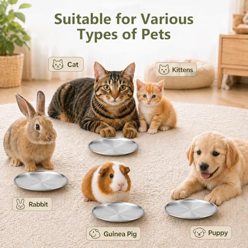 ChefBee 4PCS 6.7" Stainless Steel Shallow Cat Bowls, Whisker Friendly | Flat Shallow Wide Design, Food & Water Dishes, Easy to Clean, For Indoor Cats, Kittens & Multicats, Pet Feeding Plates