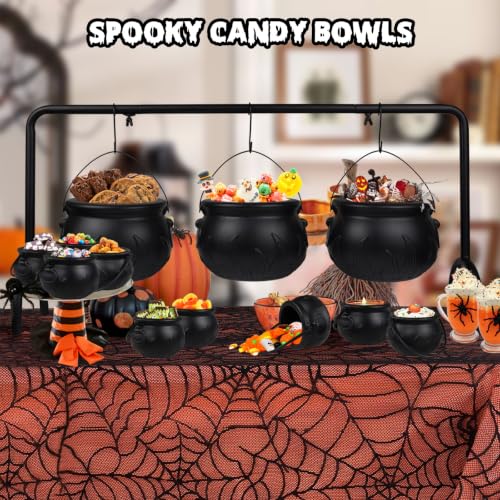CESOF 12 Pcs Cauldron Halloween Party Decorations Witches Cauldron Bowls | Hanging Black Plastic Cauldron with Iron Rack Large Mini Candy Bucket Serving Punch Bowl for Table Hocus Pocus Indoor Decor
