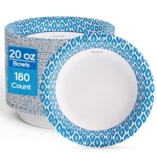 MUCHII 20 oz Paper Bowls, 180 Count Printed Disposable Large Bowls Bulk | Blue,Large Soup Bowls,Soak Proof,Big Bowls,Dessert,Salad,Breakfast,Lunch,Dinner Meals,School Cafeteria