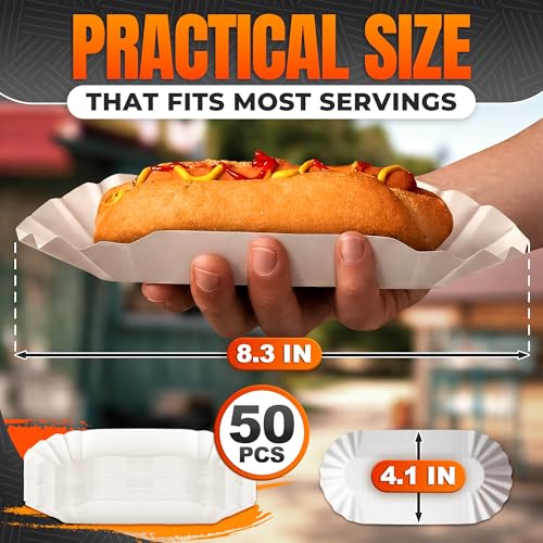 Paper Hot Dog Trays Disposable 50 Pcs, 8 Inch Hot Dog Boats, Hotdog Holder | Grease Resistant Hotdog Plates and Hot Dog Holders for Party, BBQ, Halloween | Microwave Safe Hot Dog Party Supplies