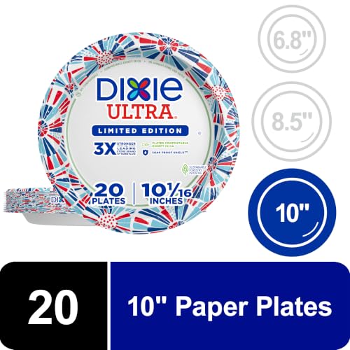 Dixie Ultra Limited Edition Paper Plates, 10" Dinner-Size Plates, 20 Count | Printed design on each disposable plate, leak resistant, grease resistant, heavy duty dinner plates for large meals