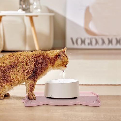 Coomazy Cat Food & Water Mat Thicker Non-Slip Silicone Mat with Raised Edge | Pink water food bowl mat,Feeding Fountain mat for indoor cats