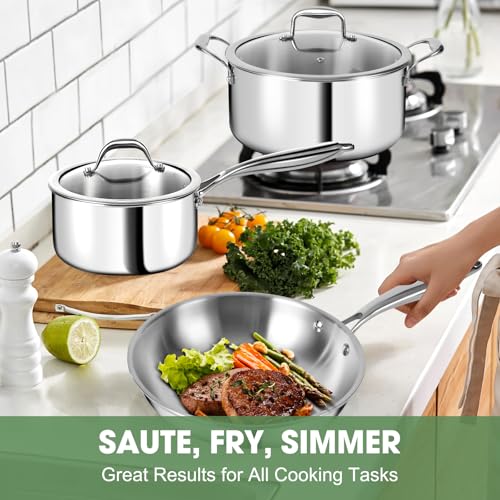 EWFEN 3 Ply Stainless Steel 11-Piece Cookware Set with Lids, Pots and Pans Kitchen Set, Non-Toxic, Induction, Oven, Dishwasher Safe, Professional Chef Quality