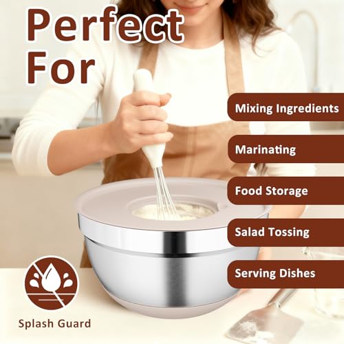 Hybemmy 9 Pack Mixing Bowls with Airtight Lids & Grater Attachments, Khaki | Stainless Steel Bowl, Non-slip Bases, Nesting Kitchen Bowl, Size 5, 4, 3, 2, 1.5,1QT,for Food Prep, Baking, Storage & Serving