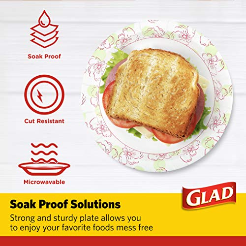 Glad Round Disposable Paper Plates, Pink Flower Pattern, 8.5 Inch, 50 Count | Coated paper, soak-proof and cut-resistant, microwave safe, dinner parties and everyday meals