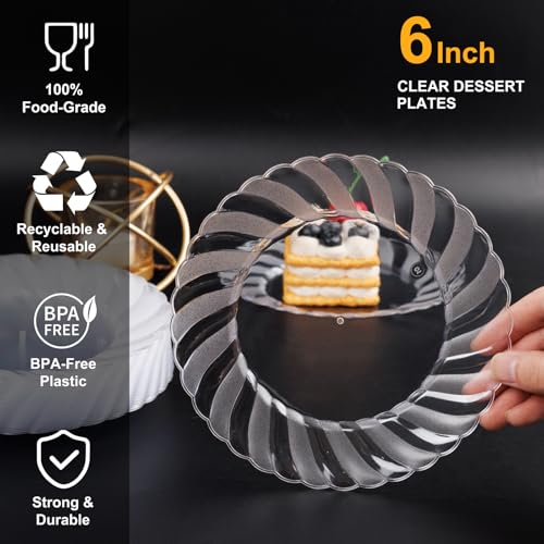 U-QE 100 Pieces Clear Plastic Plates, 6 Inch Plastic Dessert Plates | Premium Hard Clear Plates Fancy Disposable Heavy Duty Plastic Plates for Party,Weddings and Events, Washable & Reusable