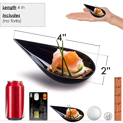 DLux 100 4-in Tear Drop Mini Appetizer Plates, Black | Reusable Plastic Spoons, Desserts & Appetizers Dishes Serving Plate, Asian Set Small Catering Tasting Cups with Recipe Ebook