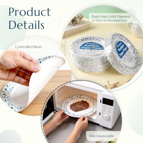 OuMuaMua 8.5 Inch Paper Plates, 300 Count Disposable Paper Plates | Soak Proof & Cut Resistant, Microwave Safe, Bulk Plates for Everyday Meals, Lunch & Family Use