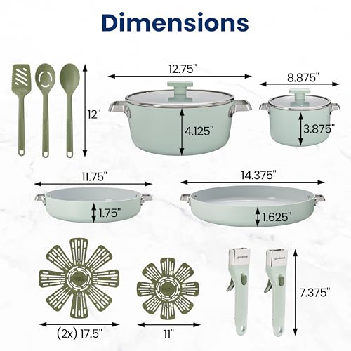 GoodCook 14-Piece Ceramic Cookware Set with Removable Handles, Sage Green