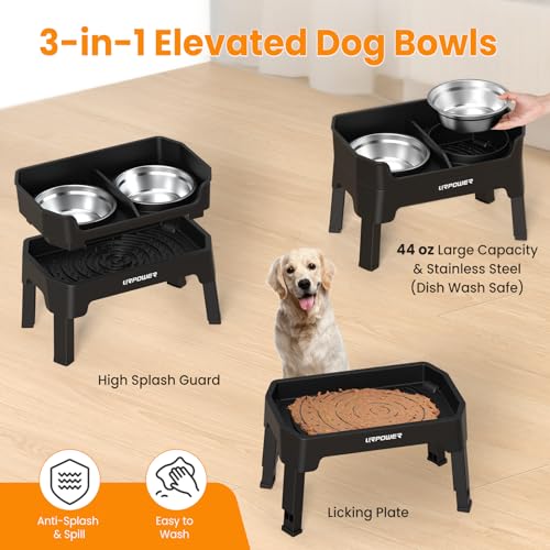 URPOWER Elevated Dog Bowls, 3-in-1 Double Deck Raised Dog Bowl Stand | 4 Adjustable Heights, 2 Stainless Steel Food Bowls, Mess Proof Licking Plate, Foldable Stand for Small, Medium & Large Dogs