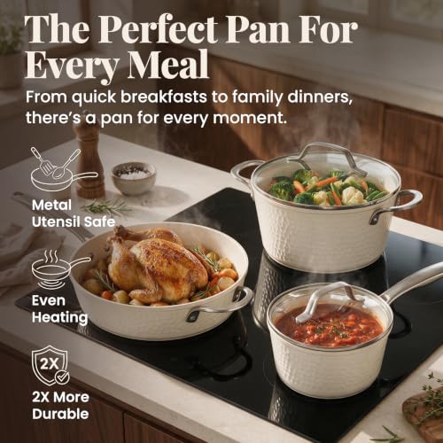 GOTHAM STEEL HAMMERED 13 Pc Titanium Ceramic Cookware Set Nonsitck, Cream
