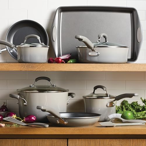 Rachael Ray Classic Brights Hard Enamel Aluminum, 14-Piece, Sea Salt Gray