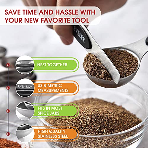 Spring Chef Stainless Steel Magnetic Measuring Spoons Set of 8, Black | Dual Sided Metal Teaspoon & Tablespoon Measuring Spoons with Leveler for Dry & Liquid Ingredients, Nesting, Dishwasher Safe