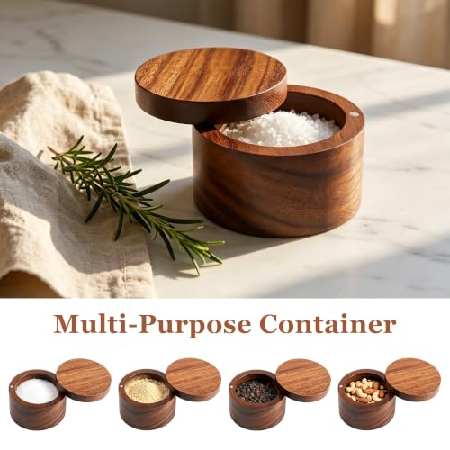 ZOVANO Acacia Wood Salt Cellar Bowl Box Container with Magnetic Lid | No Glue, One piece Wood, Keeping Sea Salt, Peppers Herbs or Seasoning