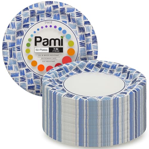 PAMI Heavy Duty Round Paper Plates 7 in,Microwave Safe,Disposable,Blue,50