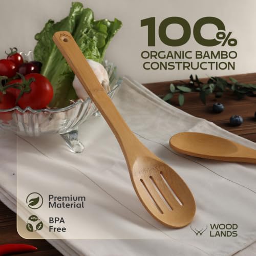 Prime Bamboo Wooden Spoons for Cooking Set of 6 Pcs – Wooden Cooking Utensils with Long Handle, Includes Flat Wood Spoon, Bamboo Spatula, and Slotted Spoon for Kitchen Utensils Set
