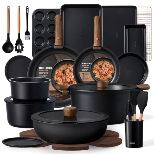 CAROTE 31pcs Pots and Pans Set Non Stick, Detachable Handle Cookware, Black